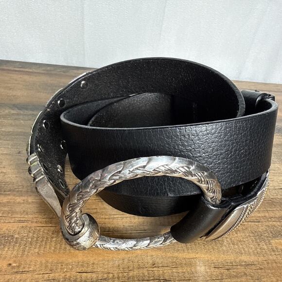 Chico\'s Black Leather Belt Silver Hardware Circle Buckle Size M/L Made in India main image 4